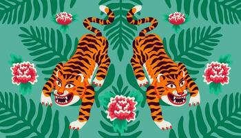 asiatico tigre simmetrico composizione, vettore tigri, e palma le foglie e fiori nel cartone animato asiatico stile. biologico piatto stile vettore illustrazione.