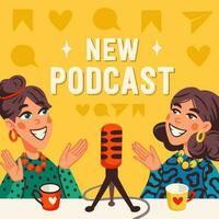 Podcast copertina concetto. Due gioioso ragazze registrazione Audio Podcast o in linea mostrare vettore piatto illustrazione.