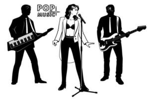 sagome impostato di pop musica cantante donna con musicisti. ragazza cantando, uomini giocando su keytar e elettrico chitarra. microfono con In piedi è il separato oggetto. vettore clipart isolato su bianca.