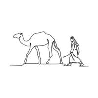 uno continuo linea disegno di persone siamo equitazione cammelli nel il deserto come simbolo per egira. islamico nuovo anno vacanza concetto nel semplice lineare stile. islamico nuovo anno design concetto vettore illustrazione