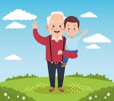 felice vecchio nonno con nipotino nel campo vettore