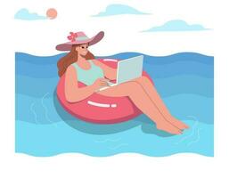 contento estate giovane donna nel costume da bagno Lavorando con il computer portatile su gonfiabile squillare nel nuoto piscina. vettore design illustrazione.