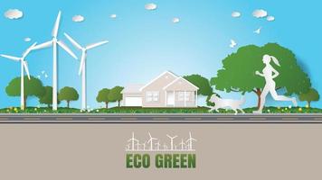 carta pieghevole arte stile origami illustrazione vettoriale energia verde ecologia tecnologia risparmio energetico ambiente concetti amichevole donna e cane jogging sulla strada attraverso la sua casa vicino ai parchi del villaggio verde