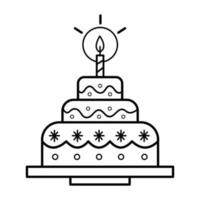 tre strato compleanno torta con uno candela e glassatura vettore icona schema isolato su piazza bianca sfondo. semplice piatto minimalista delineato disegno con compleanno festa celebrazione tema.