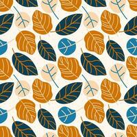 senza soluzione di continuità pianta modello nel scandinavo popolare stile. vettore modello di blu e arancia le foglie disegnato nel semplice forme per autunno confezione Stampa o per tessili.
