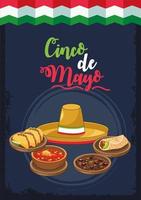 celebrazione del cinco de mayo con cappello mariachi e cibo vettore