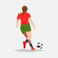 femmina calcio giocatore atleta dribbling il sfera. indietro Visualizza. il tema di gli sport, calcio, donne. vettore piatto illustrazione.