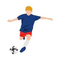 ragazzo giocando calcio. poco ragazzo calciando il sfera. gli sport tema, calcio, attività. piatto vettore illustrazione.