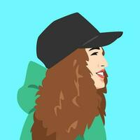 ritratto di un' allegro donna indossare un' nero baseball berretto con Riccio Marrone capelli e indossare un' maglione. adatto per avatar, sociale media profilo, Stampa, eccetera. vettore piatto grafico.