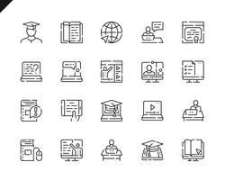 Set semplice linea icone di formazione online per applicazioni web e mobile. vettore