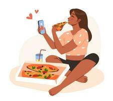 un' Affamato donna è mangiare Pizza. un' ragazza con un' fetta di Pizza. cartone animato piatto vettore illustrazione