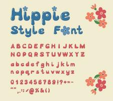 hippie Groovy stile cartone animato alfabeto design. Vintage ▾ 3d impaurito carattere tipografico. stilizzato isolato personaggi, numeri e speciale segni. di moda typeset Perfetto per nostalgia lettering disegno, manifesti vettore