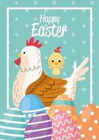 carta di buona pasqua con famiglia di galline e uova dipinte vettore