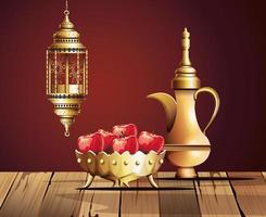 celebrazione del ramadan kareem con teiera dorata e cibo vettore