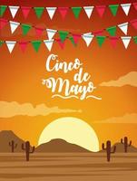 celebrazione del cinco de mayo con scena del deserto di ghirlande vettore