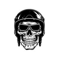 tagliente e intenso logo design illustrazione di un' cranio zombie indossare un' motociclista casco, combinando il elementi di orrore e motociclo cultura vettore