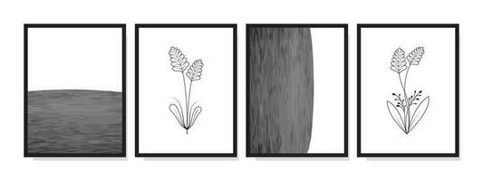 monocromatico parete arte con fiore, pianta, e astratto forma illustrazioni su un' bianca sfondo nel linea arte stile. Perfetto per muri, stampe, manifesti, e volantini. vettore