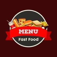 delizioso modello di menu fast food con cornice circolare e nastro vettore