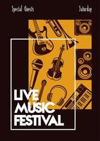 poster di lettere di festival di musica dal vivo con strumenti musicali vettore