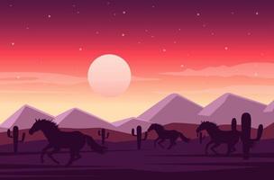 scena del deserto al tramonto del selvaggio west con cavalli che corrono vettore