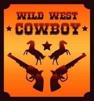 lettering cowboy selvaggio west con poster di cavalli e pistole vettore