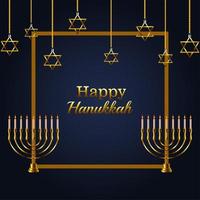 scritta felice celebrazione hanukkah con lampadario dorato e stelle appese vettore