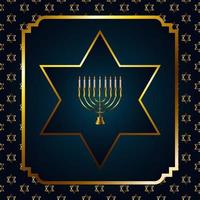 felice celebrazione di hanukkah con lampadario dorato e stelle in cornice quadrata vettore