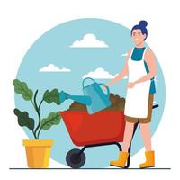 donna di giardinaggio con annaffiatoio pianta e disegno vettoriale carriola