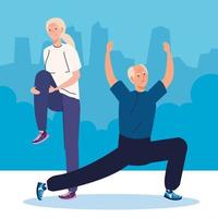 coppia senior che esegue stretching all'aperto vettore