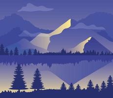 paesaggio viola con sagome di montagne, pini e lago vettore