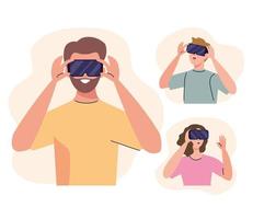 gruppo di tre giovani che utilizzano la tecnologia delle maschere di realtà virtuale vettore