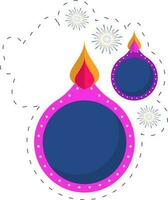superiore Visualizza di blu e rosa diya olio lampada al di sopra di fuoco d'artificio leggero viola sfondo. vettore