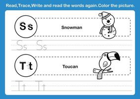 alfabeto st esercizio con il vocabolario dei cartoni animati per il vettore di illustrazione del libro da colorare
