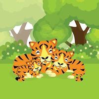 simpatico cartone animato tigre famiglia nella giungla vettore