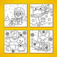 contento poco pinguino e amici giocando nel il neve bambini colorazione libro vettore