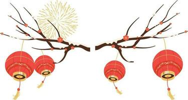 nuovo anno. vettore illustrazione di rosso lanterne e ciliegia fiorire ramo.