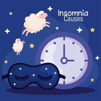 cause di insonnia, orologio, maschera e disegno vettoriale di pecora