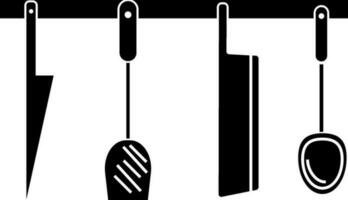 sospeso cucinando cucchiaio e coltello nel nero e bianca colore. glifo icona o simbolo. vettore