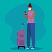 nuova normalità della donna con maschera, smartphone e borsa da viaggio disegno vettoriale