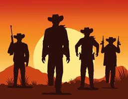 figure di cowboy sagome con pistole personaggi scena del paesaggio al tramonto sunset vettore
