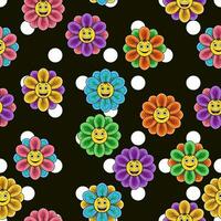 modello con grande polka punto ornamento, colorato camomilla fiore con emoji su nero sfondo. semplice, cospicua, alla moda luminosa illustrazione. per stampe, vestiario, superficie design. vettore