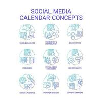 sociale media calendario blu pendenza concetto icone impostare. digitale contenuto. in linea attrezzo. programma pianificatore. Internet blog. marketing Piano idea magro linea colore illustrazioni. isolato simboli vettore