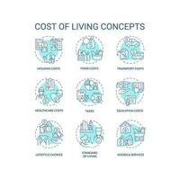 costo di vivente turchese concetto icone impostare. i soldi spese. di base bisogno. finanziario sostenibilità. personale economia. bene essere idea magro linea colore illustrazioni. isolato simboli. modificabile ictus vettore