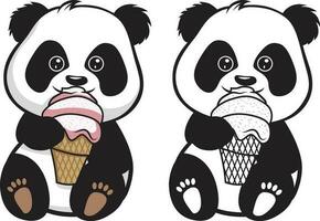 carino bambino panda mangiare ghiaccio crema vettore illustrazione , panda orso mangiare ghiaccio crema cono colorato e nero e bianca vettore Immagine
