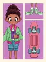 giovane ragazza afro adolescente con scarpe e personaggio anime skate board vettore