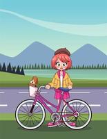 giovane ragazza adolescente in bicicletta personaggio anime in strada vettore