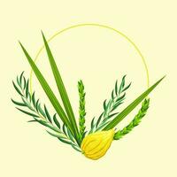 sukkot saluto carta con vuoto spazio per congratulazione testo. festa di tabernacoli o Festival di raccogliere. cerchio telaio con le foglie e Limone. tradizionale simboli - etrog, lulav, hadas, arava vettore