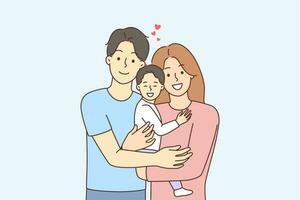 contento giovane famiglia con bambino bambino nel mani. sorridente genitori abbraccio coccolare bambino piccolo ragazzo. paternità e unità. vettore illustrazione.