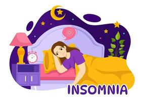 insonnia vettore illustrazione con giovane persone incapace per dormire, pensiero e occhi Aperto a notte Camera da letto nel piatto cartone animato mano disegnato modelli