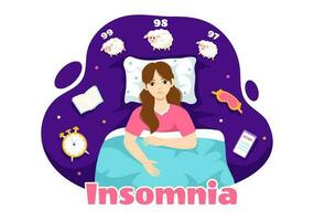 insonnia vettore illustrazione con giovane persone incapace per dormire, pensiero e occhi Aperto a notte Camera da letto nel piatto cartone animato mano disegnato modelli